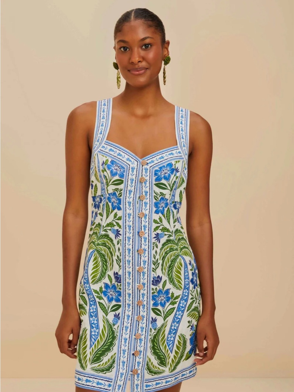 FARM Rio White Blue Green Floral Button-Front Mini Dress